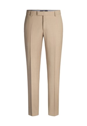 Pantalon beige ajusté avec une coupe droite, devant plat, confectionné dans un tissu lisse et léger. Dispose de poches latérales et d'une braguette zippée.