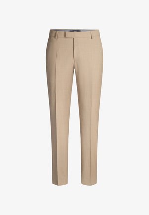 Beige, op maat gemaakte broek met een vlakke voorkant, recht model, gemaakt van een gladde, lichtgewicht stof. Voorzien van zijzakken en een rits.