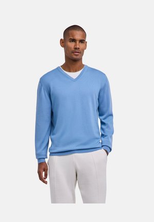 Homme portant un pull à col en V bleu clair sur une chemise blanche et un pantalon blanc, debout avec une main dans la poche devant un fond uni.