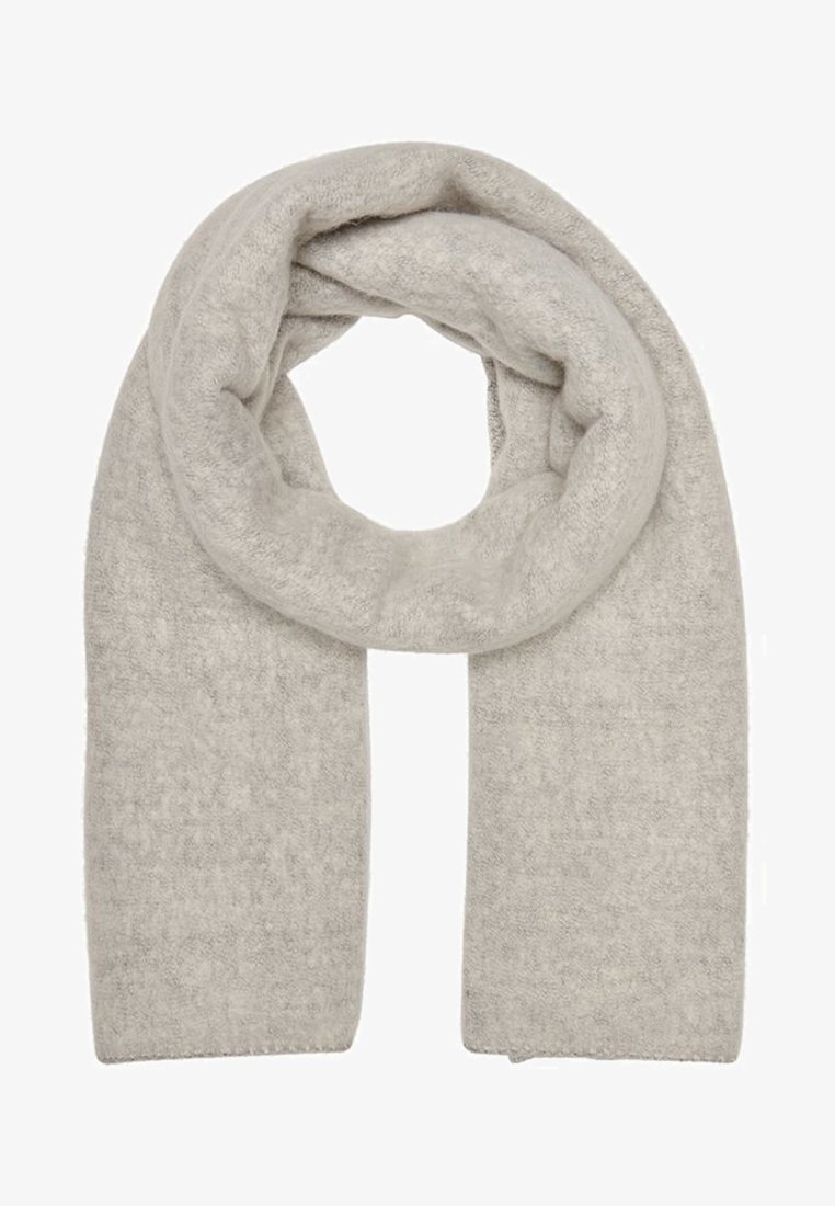 Écharpe gris clair en matériau doux et texturé, dotée d'un design en boucle avec des bords lisses et sans motifs ni matériel visible.