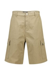 Khaki cargo shorts valmistettu kevyistä materiaaleista. Ominaisuudet useita sivutaskuja, nappisulku ja rento leikkaus. Sileä pinta.
