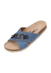 Sandalo scivoloso intrecciato blu con design a tracolla incrociata, caratterizzato da un accento in catena dorata e una soletta imbottita su una suola testurizzata di colore marrone chiaro.