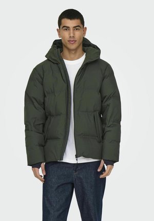 Chaqueta de plumas verde oscuro con capucha, presenta un cierre frontal con cremallera, costuras horizontales visibles y bolsillos laterales. Lleva puesta una camiseta blanca.