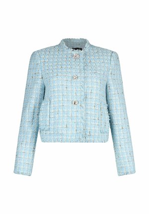 Giacca in tweed azzurro chiaro con trama, bordi sfrangiati, tre bottoni decorativi in argento, maniche lunghe e due tasche frontali.
