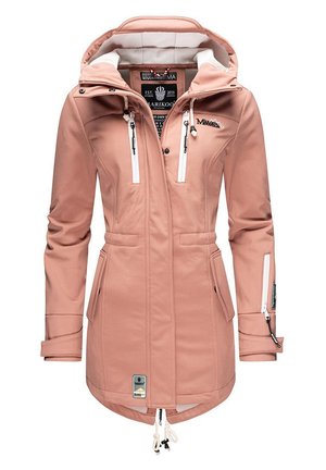 Giacca soft-shell rosa con zip frontale, due tasche laterali e cappuccio. Presenta dettagli in bianco sulla zip e un orlo con cordino regolabile.