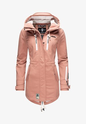 Rosa mjukskaljacka med dragkedja fram, två sidofickor och huva. Har vita dragkedja-accenter och en justerbar dragsko vid nederkanten.