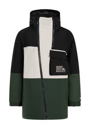 Waterdichte jas in zwart, crème en groen met hoge kraag, rits aan de voorkant en een klepzak met een logo. Gelaagde materialen.