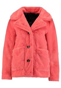 Faux fur jacket in bright coral, featuring a collar, three buttons, two front pockets, and a soft texture. Lined interior, casual fit.