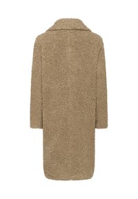 Long manteau teddy beige en tissu polaire texturé, coupe droite, manches longues et col cranté, vu de dos.