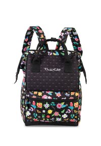 Rugzak van zwart stof met kleurrijke bloemenpatronen, met ritscompartimenten, stoffen handvatten en verstelbare schouderbanden. Merklogo zichtbaar.