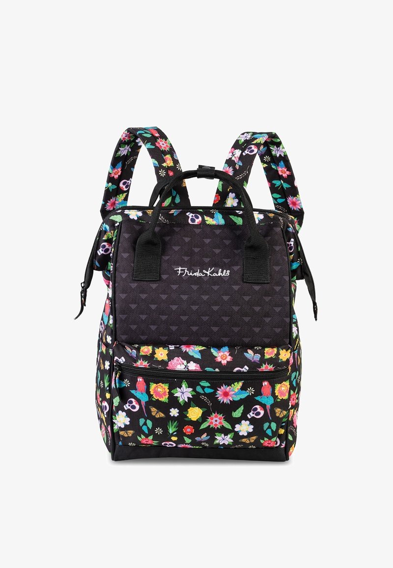 Rugzak van zwart stof met kleurrijke bloemenpatronen, met ritscompartimenten, stoffen handvatten en verstelbare schouderbanden. Merklogo zichtbaar.