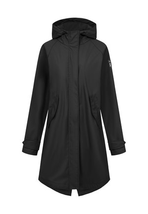 Abrigo negro impermeable con capucha, cuenta con cierre de cremallera, dos bolsillos frontales y puños enrollados. Textura suave, diseño hasta la rodilla.