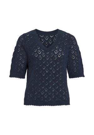 Marineblauwe, gebreide trui met korte mouwen, met een ruitpatroon van kant, een V-hals en geribbelde randen aan mouwen en zoom.