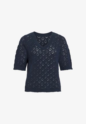 Tumesinine lühikeste varrukatega kudum, millel on teemantmustriga pits, V-kaelus ja soonilised ääred varrukatel ning allääres.