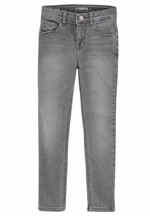 Grijze denim jeans met een klassiek ontwerp met vijf zakken, voorzien van een knoop- en ritssluiting, een rechte pijp en subtiele vervaging door het hele kledingstuk.