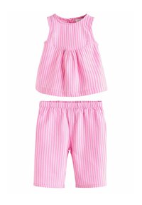 Light pink tank top with vertical white stripes and a gathered waist, paired with matching shorts featuring an elastic waistband.