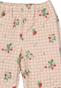 Lyserøde ternede bukser med blomsterprint med jordbær og blomster. Elastisk talje og tekstureret stof med syningsdetaljer.