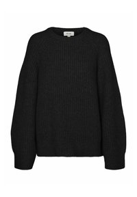 Pull en tricot noir avec une texture côtelée, col rond et coutures d'épaule tombantes. Coupe ample avec des manches larges et un ourlet côtelé.