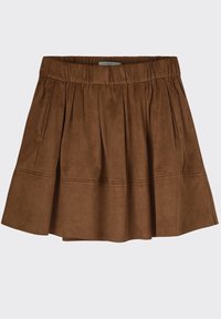 Jupe en suédine marron avec un design plissé, une taille élastique et une forme évasée, présentant des détails de couture subtils le long de l'ourlet.