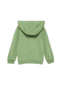 Zielona bawełniana bluza z kapturem z kieszenią z przodu, długimi rękawami i dużym kapturem. Gładka tekstura oraz ściągacze przy rękawach i u dołu. Prosty design.