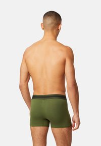Green cotton boxer briefs with a black elastic waistband, featuring a smooth texture and a snug fit. No visible patterns or accents.