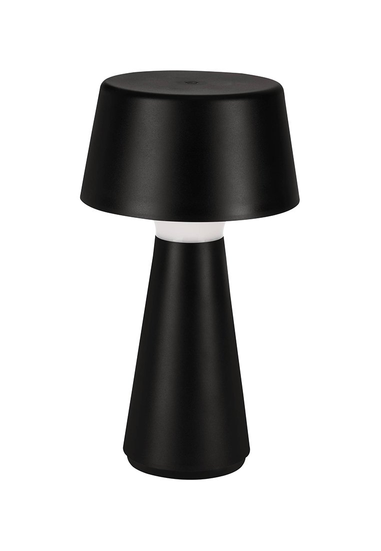 Schwarze Tischlampe mit konischem Fuß und schalenförmigem Schirm. Verfügt über eine weiße Lichtquelle am Fuß, die aus mattem Kunststoff besteht.