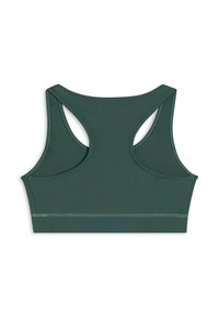 Reggiseno sportivo verde scuro con design a schiena scoperta, realizzato in materiale liscio. Presenta dettagli cuciti e lati sagomati per la ventilazione.