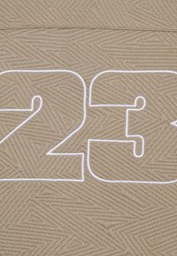 Bežinė medžiaga, turinti tekstūrinį, žuvytės raštą su dideliu baltu siuvinėtu "23". Dizainas yra minimalus ir geometriškas.