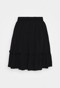 Sort lagdelt nederdel lavet af letvægtsstof med elastik i taljen og flæsedetaljer ved kanten. Enkel, flydende design.