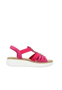Roze sandaaltjes met een open ontwerp en meerdere banden, versierd met decoratieve accenten aan de voorkant, en een witte textuurzool.