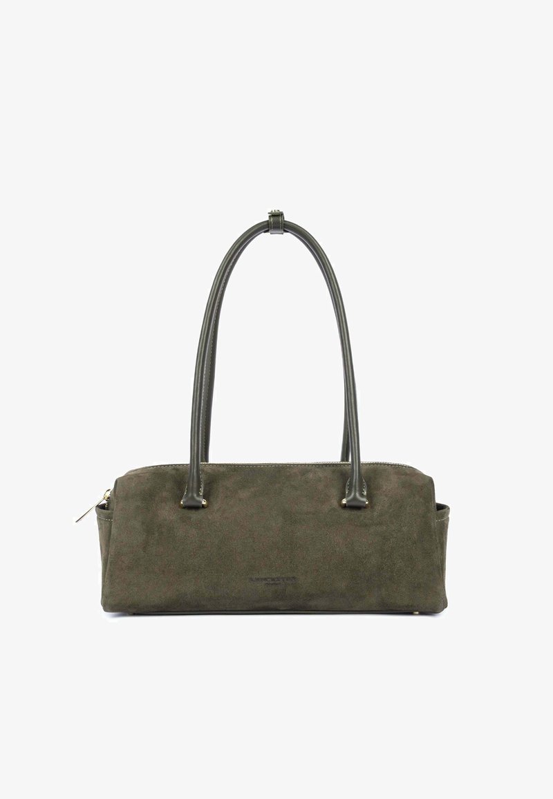 Sac à main rectangulaire en daim vert olive foncé avec une longue double bandoulière et une fermeture éclair sur le côté.