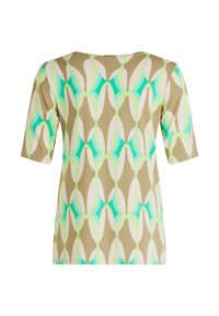 Short-sleeved top with a beige background featuring a geometric pattern in green, turquoise, and light pink. Soft fabric, relaxed fit.