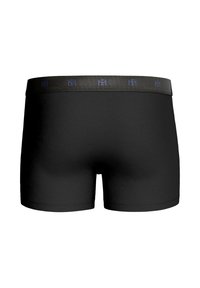 Black boxer shorts made of soft fabric, featuring a gray waistband with a subtle repeating logo pattern.