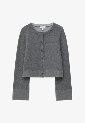 Gray cropped cardigan made of soft knit material. Features a round neckline, button closure, and ribbed cuffs and hem. Smooth texture.
