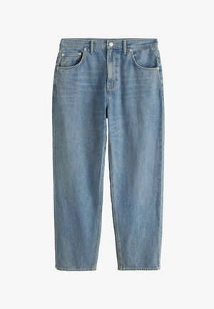 Svetlomodré rifle so zakončením rovného strihu, piatimi vreckami a zapínaním na gombíky, zobrazené na bielom pozadí.