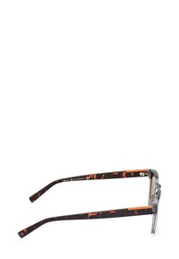 Occhiali da sole con motivo tartarugato, in tonalità marrone scuro e ambra lucida, con montatura trasparente e eleganti dettagli in metallo sulle tempie.