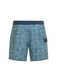 Short de bain bleu à motifs avec une ceinture sombre, des motifs floraux et géométriques, une poche latérale et un tissu léger.