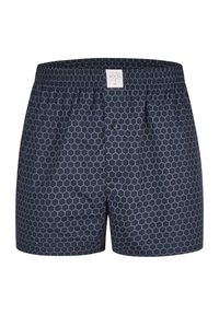 Bañadores azul marino con un patrón de hexágonos, cintura elástica y cierre de botón. Hechos de tela ligera, de textura suave.