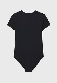 Schwarzer Body mit kurzen Ärmeln, hohem Hals und nahtlosem Design. Glatte Textur mit einer engen Passform, die zu einem tiefen Ausschnitt am Boden verläuft.