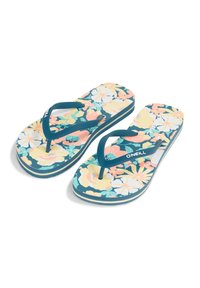 Kukkakuvioiset flip-flopit, joissa teal-välinen hihna ja pehmustettu pohja. Suuria vaaleanpunaisia ja keltaisia kukkia tummansinisellä taustalla. O'Neill-brändäys näkyvissä.