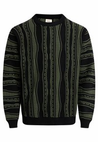 Schwarzer und grüner gestrickter Pullover mit vertikalen gestreiften Mustern und strukturierten Akzenten, gerippter Ausschnitt, Bündchen und Saum.