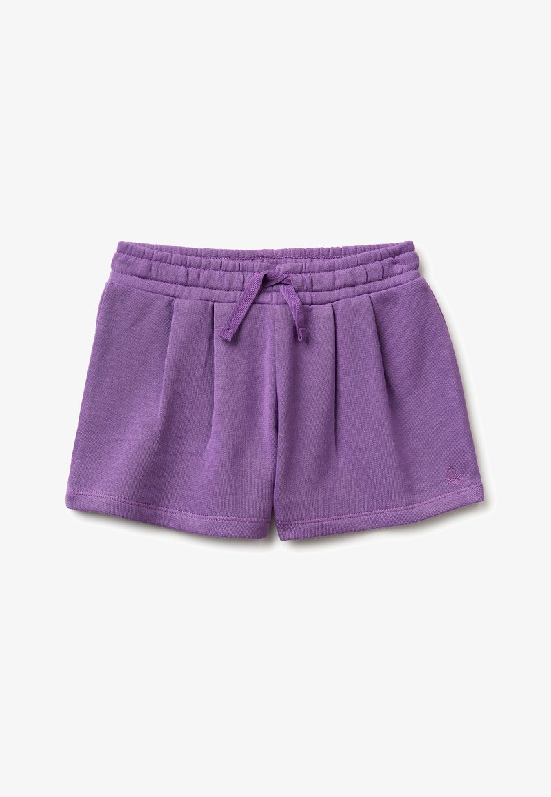 Shorts en coton violets avec taille élastique, cordon de serrage et plis subtils à l'avant, posés à plat sur un fond blanc.