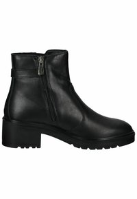 Bottine en cuir noir avec fermeture éclair latérale, petit talon bloc, bout rond et semelle texturée pour une meilleure adhérence.