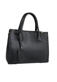 Sac à main en cuir noir avec une finition texturée, double poignées supérieures, accents en matériel doré et une étiquette amovible sur le côté.