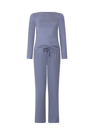 Hellblaues Loungeset mit einem langärmeligen Oberteil mit Rundhalsausschnitt und locker sitzenden Hose mit elastischem Bund und Kordelzug.