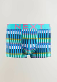 Men’s boxer briefs with a multicolored vertical and horizontal striped pattern, featuring a blue waistband with pink "NEXT" text.