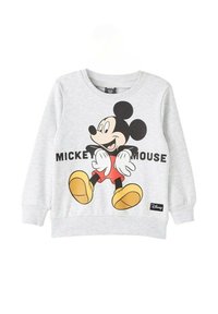 Sweatshirt gris avec un grand graphique coloré de Mickey Mouse, col rond, manches longues, et poignets et ourlet côtelés.