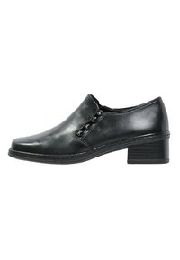 Black leather shoe with a low heel, rounded toe, side accents featuring five metal loops, and stitched detailing along the sole.