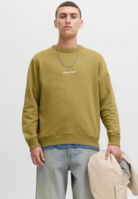 Felpa verde oliva con polsini e orlo a coste, caratterizzata da un logo in bianco. Indossata sopra una camicia blu, mentre tiene in mano un giubbotto beige.