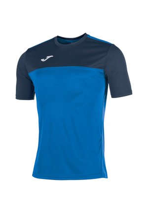 Maglietta sportiva a maniche corte con parte superiore e maniche blu navy, corpo inferiore blu e logo bianco sul petto destro.